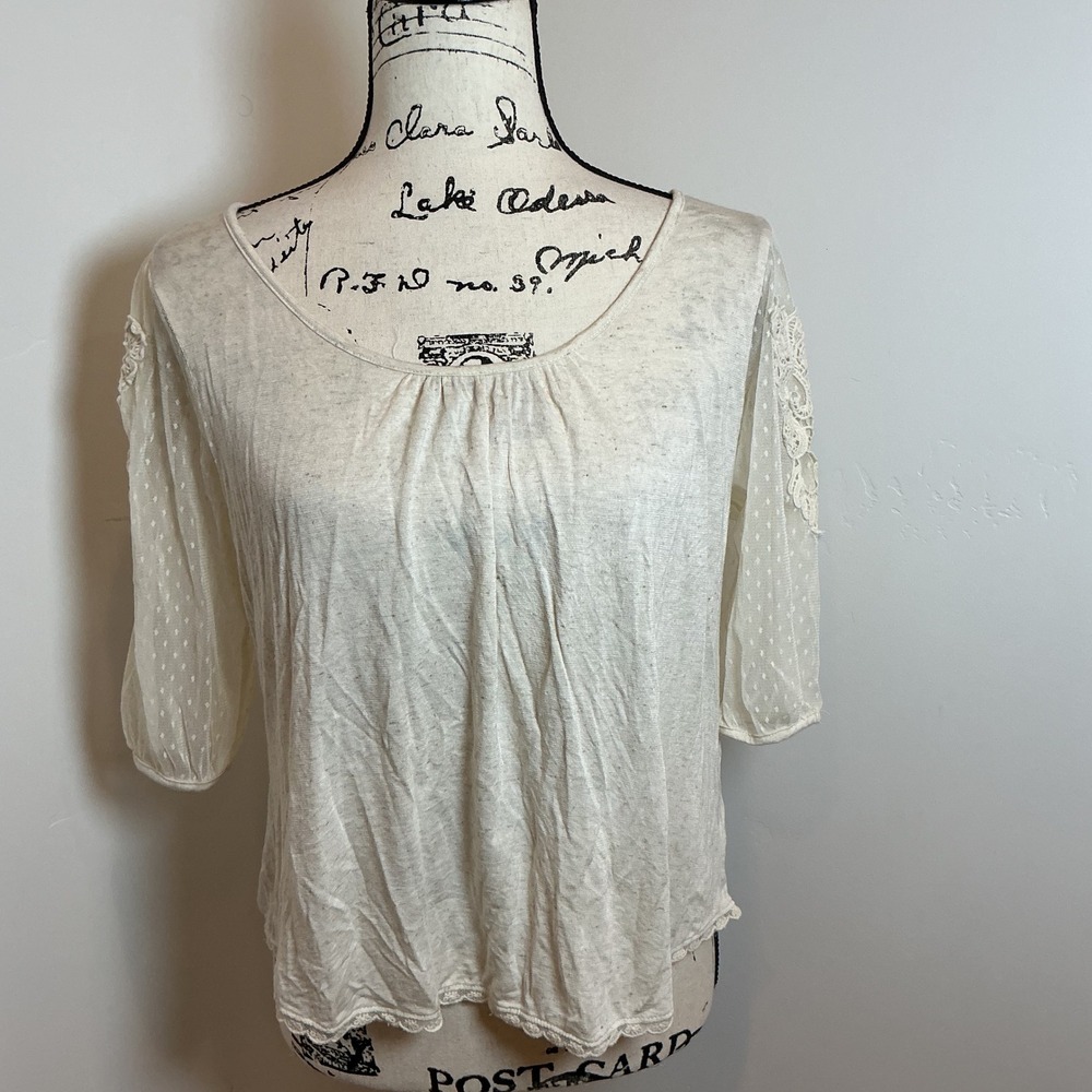 Mauve Cream Swiss Dot Lace Sleeve Bow Back Top‎ Style 65267 Large